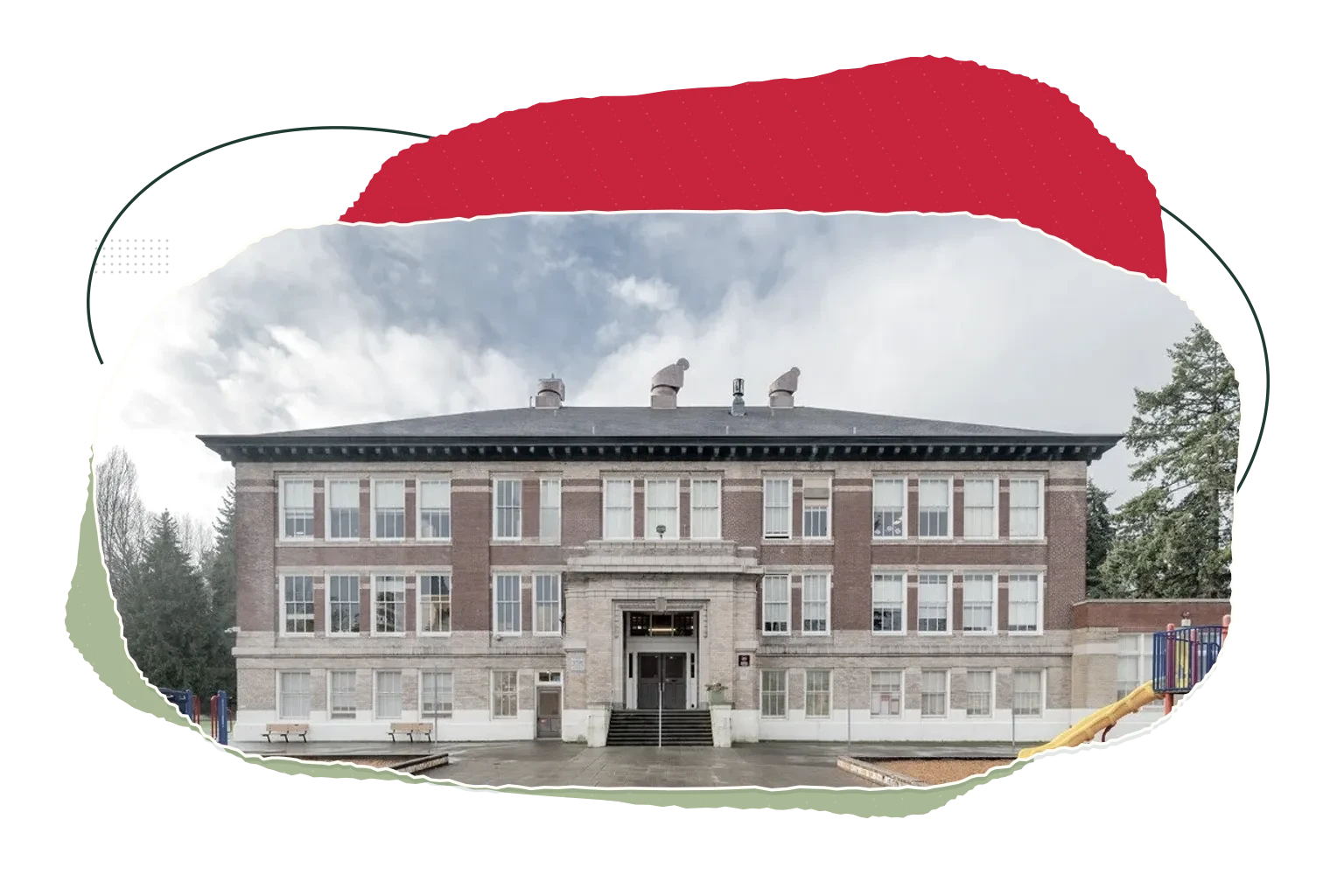A real photograph of McGilvra Elementary, framed by torn ivory, red, and sage paper