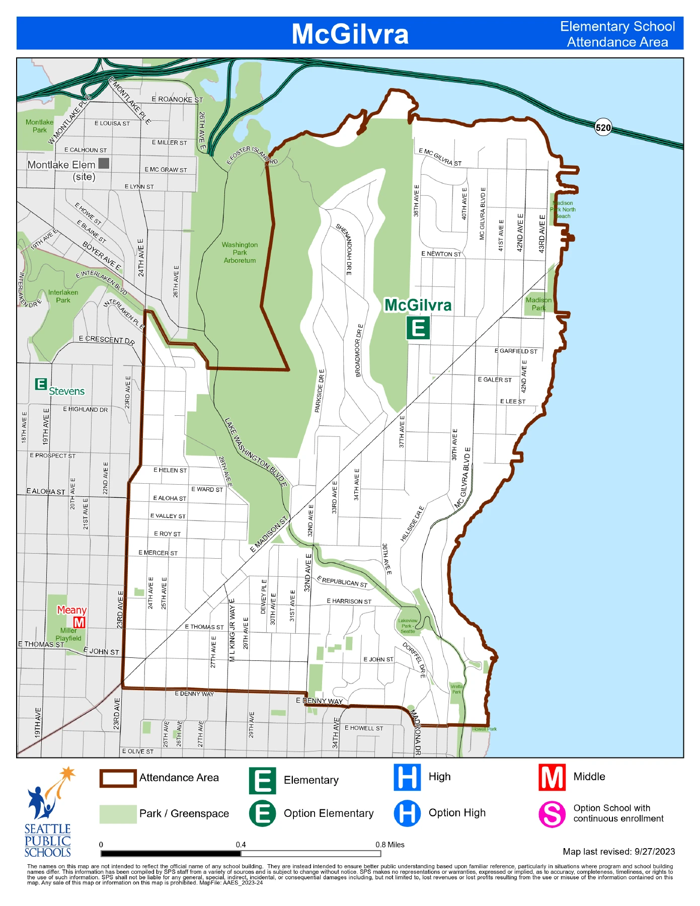 Seattle Public Schools map: McGilvra’s attendance area follows the Lake Washington shoreline, reaches west toward 23rd Avenue East, and includes Madison Park and parts of Madison Valley. The school is marked near 38th Avenue East and East Blaine Street.